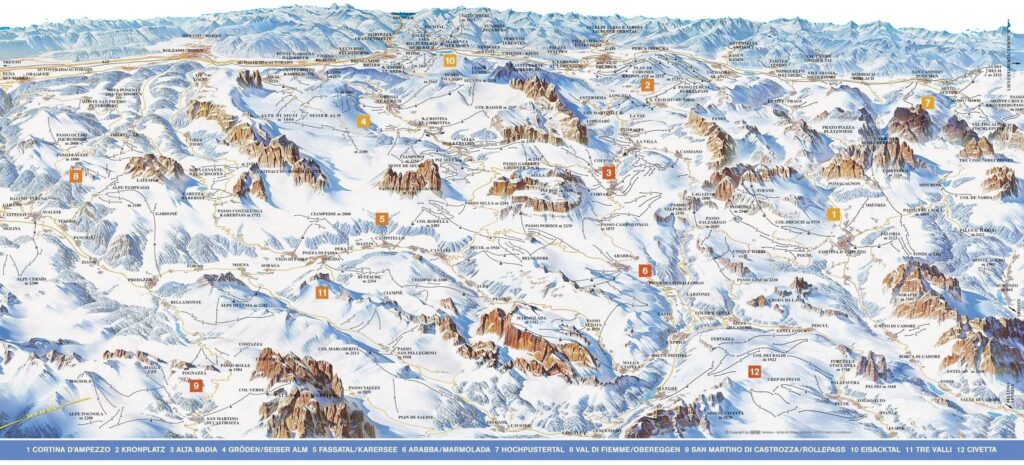 Dolomiti Superski mapa - prikazuje svih 12 skijališta